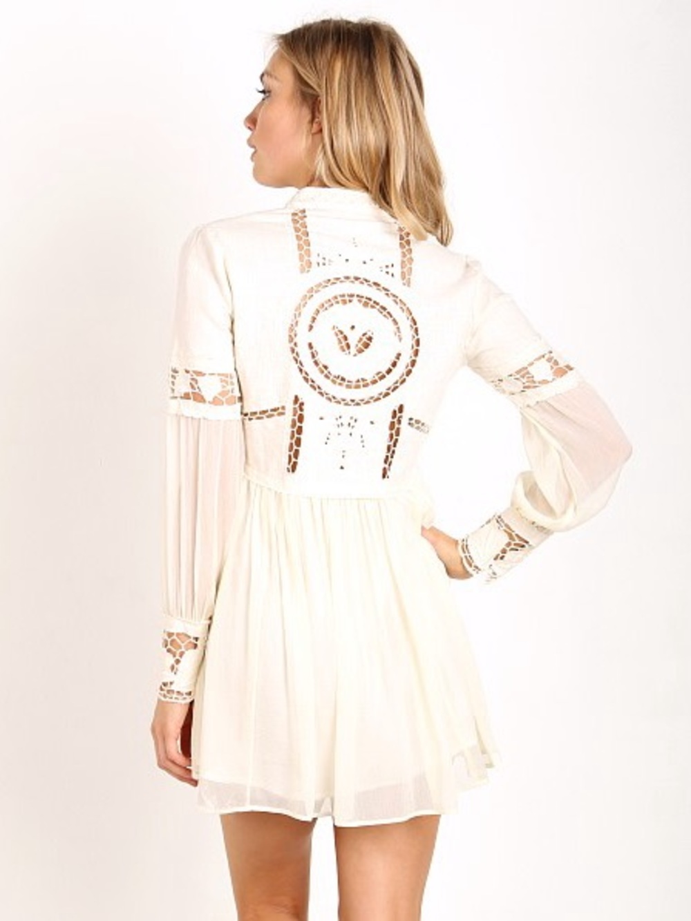 Free People "In Dreamland" Cutwork Mini Dress in Ivory/Cream - Picture 3 of 10
